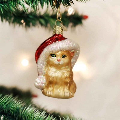 Hand-Painted Glass Santa Kitten Christmas Tree Ornament
