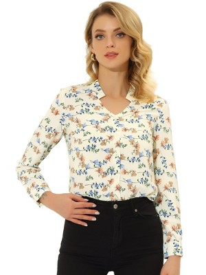 Allegra K Women's Work Office Button Up Shirt Cut-out V Neck Floral ...