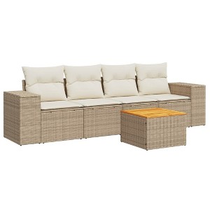 vidaXL Patio Sofa Set with Cushions Outdoor Furniture 5 Piece Poly Rattan - Beige and Cream - 1 of 4