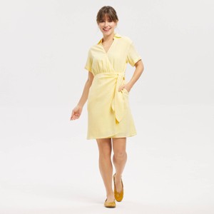 yellow wrap dress short Chan Luu Yellow Brown Floral Print Wrap Dress V-Neck Mini A-Line Size XS  Women's