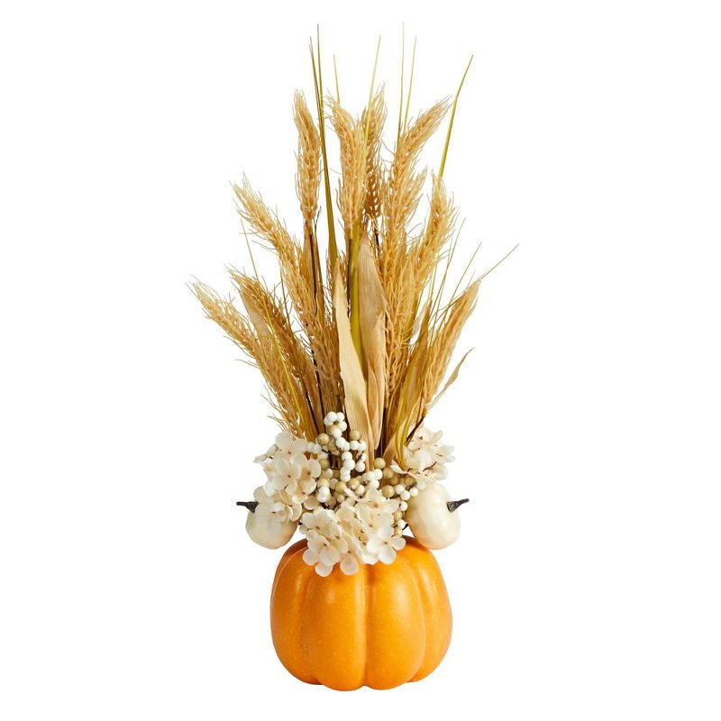 Nearly Natural 21-in Autumn Dried Wheat and Pumpkin Artificial Fall Arrangement in Decorative Pumpkin Vase, 1 of 6