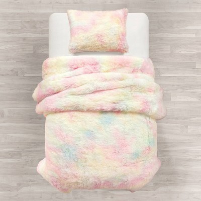 Rainbow Faux Fur Twin Comforter Set with Pillow Sham