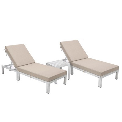 LeisureMod Chelsea Modern Outdoor Weathered Grey Chaise Lounge Chair with Side Table Set of 2