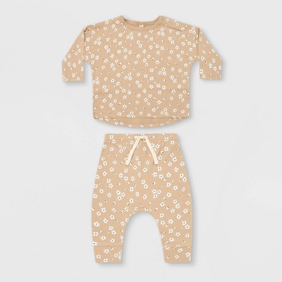 Q by Quincy Mae Baby Girls' 2pc Floral Brushed Jersey Top & Bottom Set - Ivory/Blush 6-12M