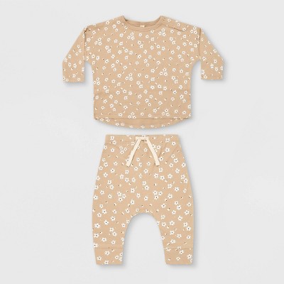 Image of Q by Quincy Mae Baby Girls' 2pc Floral Brushed Jersey Top & Bottom Set - Ivory/Blush 0-3M