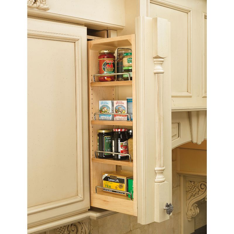 Rev-A-Shelf 6"W x 30"H Pull Out Shelf Organizer for Between Wall Kitchen Cabinets, Filler Spice Rack & Seasoning Storage Holder, Maple Wood, 432-WF-6C, 3 of 8