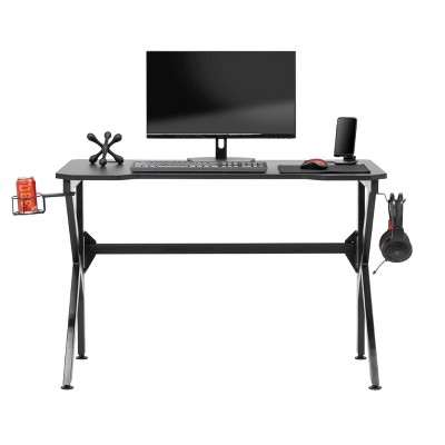 48" Black Carbon-Fiber Inspired Gaming Desk with Charging Hub