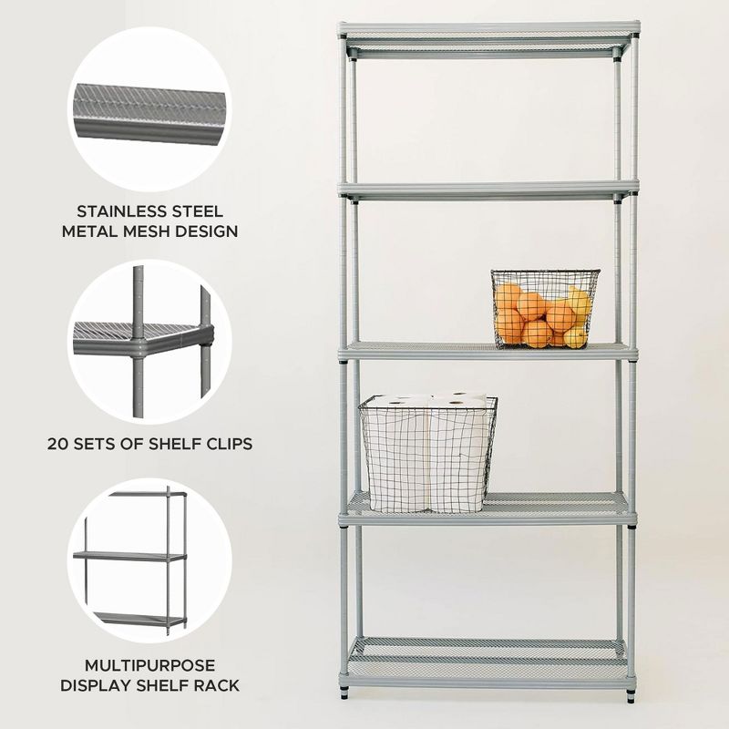 Design Ideas MeshWorks 5 Tier Full Size Metal Storage Shelving Unit Bookshelf, for Kitchen, Office, and Garage, 31.1" x 13" x 70.9", Silver, 3 of 7