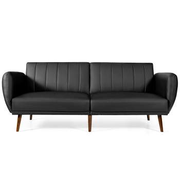 Costway Convertible Futon Sofa Bed PU Adjustable Couch Sleeper w/Wood Legs
