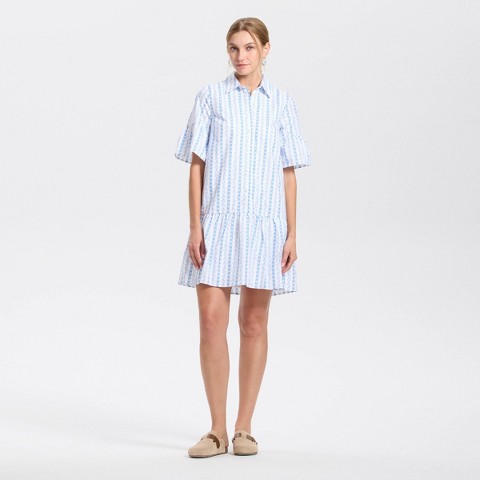 Женские платья Universal Thread Women's Elbow Sleeve Poplin Mini Shirtdress - Universal Thread™ White/Blue Striped XS