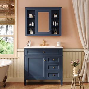 ModernLuxe 36'' Bathroom Vanity Set with Resin Sink, 2 Drawers & Tip-out Drawer, Mirror Cabinet with 6 Open Shelves - 1 of 4