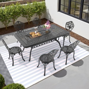 7-Piece Patio Set: Rectangle Table & 6 Chairs - Cast Aluminum, All-Weather w/  Umbrella Hole & Adjustable Legs for Balcony/Backyard - 1 of 4