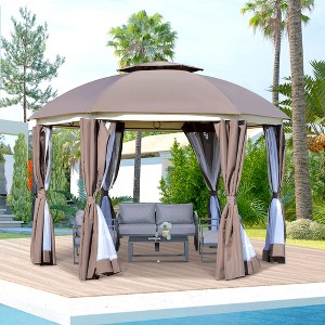 Gulches 12' x 12' Round Outdoor Gazebo, Patio Dome Gazebo Canopy Shelter with Double Roof, Netting Sidewalls, Curtains, Zippered Doors, Brown - 1 of 4
