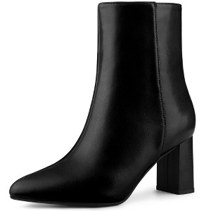 Allegra K Women's Side Zip Pointed Closed Toe Chunky Heels Ankle Boots - 1 of 4