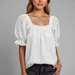 Knit & Lounge Women’s Embroidered Puff Sleeve Top Square Neck Smocked Bodice Sheer Hem Lightweight Blouse - 1 of 4