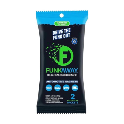 FunkAway Auto Sachet: Car Freshener & Deodorizer, Rain Scented Sachet, Eye Irritant Warning, 2 Pack, White