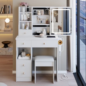 29.2" Makeup Vanity Desk with Mirror, Small Makeup Vanity Table with Stool, Dressing Table with Hair Dryer Bracket & Open Storage for Small Space - 1 of 4