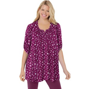 Woman Within Plus Size 7-Day Three-Quarter Sleeve Pintucked Henley Tunic - 1 of 4