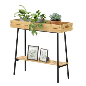 Bamboo and wood table with metal legs, suitable for storing items, plant flower racks - 1 of 4
