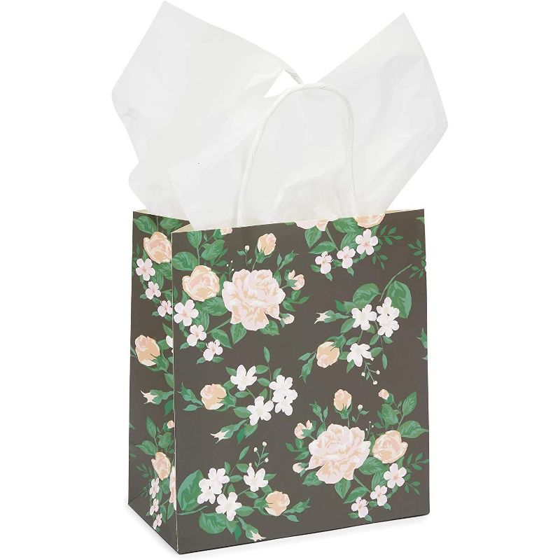 Sparkle and Bash 12-Pack Floral Small Kraft Gift Bags with Handles & 20 Tissue Paper (4 Colors, 8 x 9 x 4 in), 5 of 8