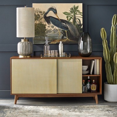 Flory Walnut and Gold Mid-Century Modern Sideboard with Sliding Doors