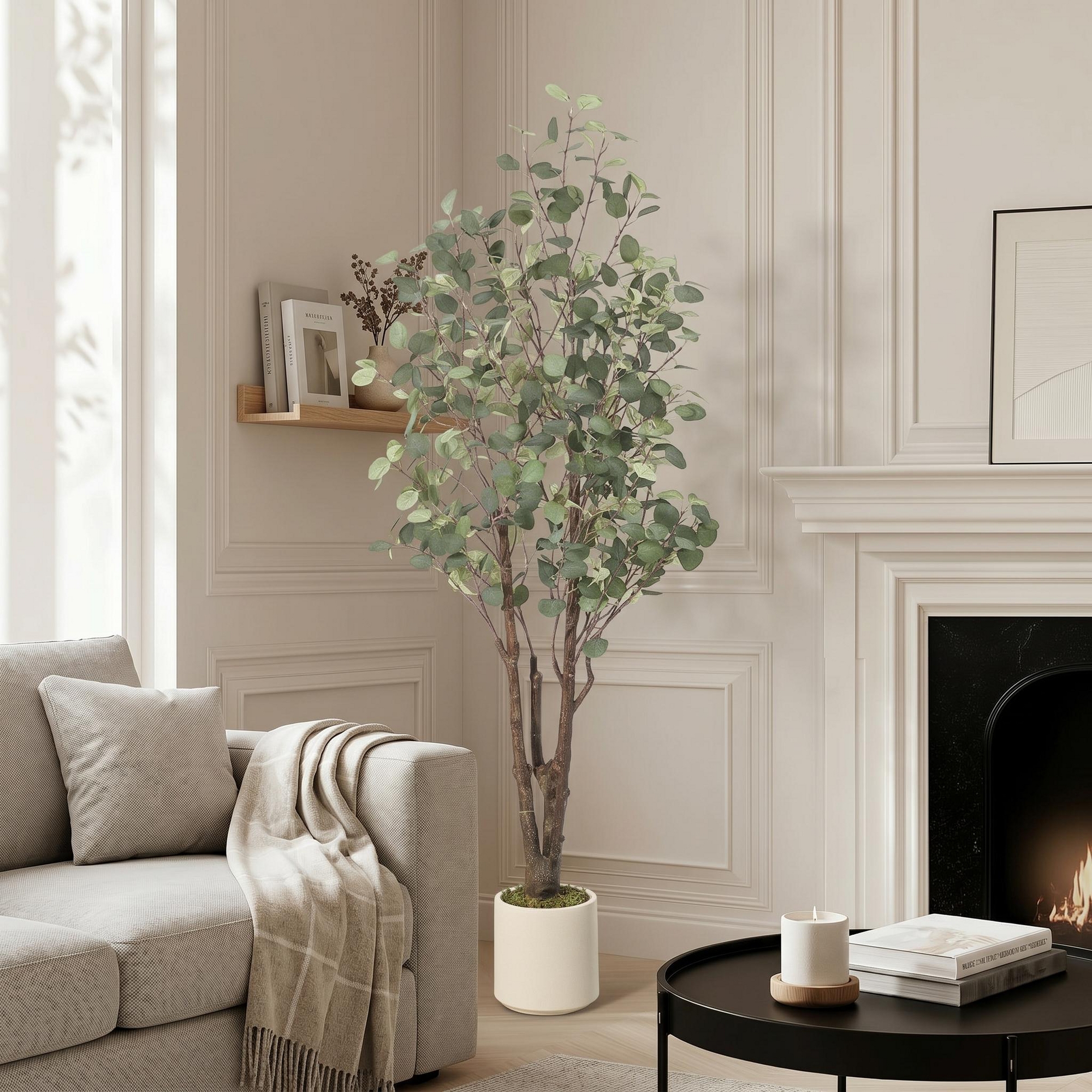 6FT Artificial Eucalyptus Tree in White Pot, Faux Potted Silk Plant with Lifelike Leaves for Indoor Home Office Decor