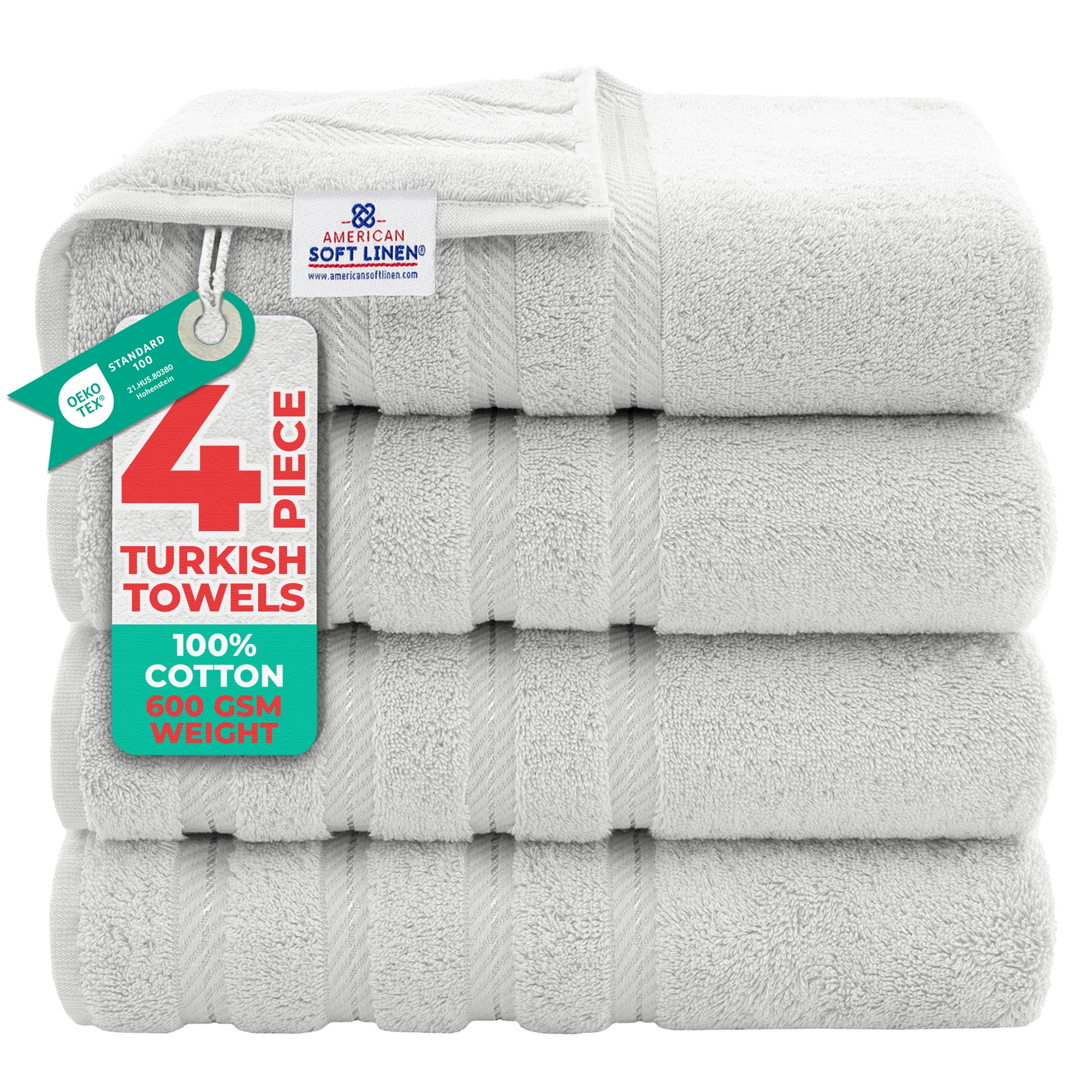 American Soft Linen 4 Pack Bath Towel Set, 100% Cotton, 27 inch by 54 inch Bath Towels for Bathroom, Silver Gray