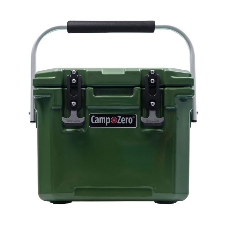 CAMP-ZERO 10 Liter 10.6 Quart Lidded Cooler with 2 Molded In Cup Holders, Folding Aluminum Handle Grip, and Locking System, Dark Green, 1 of 7