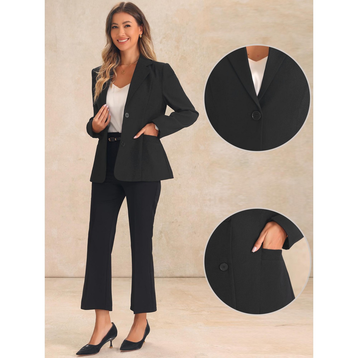 Женские пиджаки Allegra K Lapel Long Sleeve Pockets Shoulder Pads Blazers Black, цвет: Чёрный — фото 2
