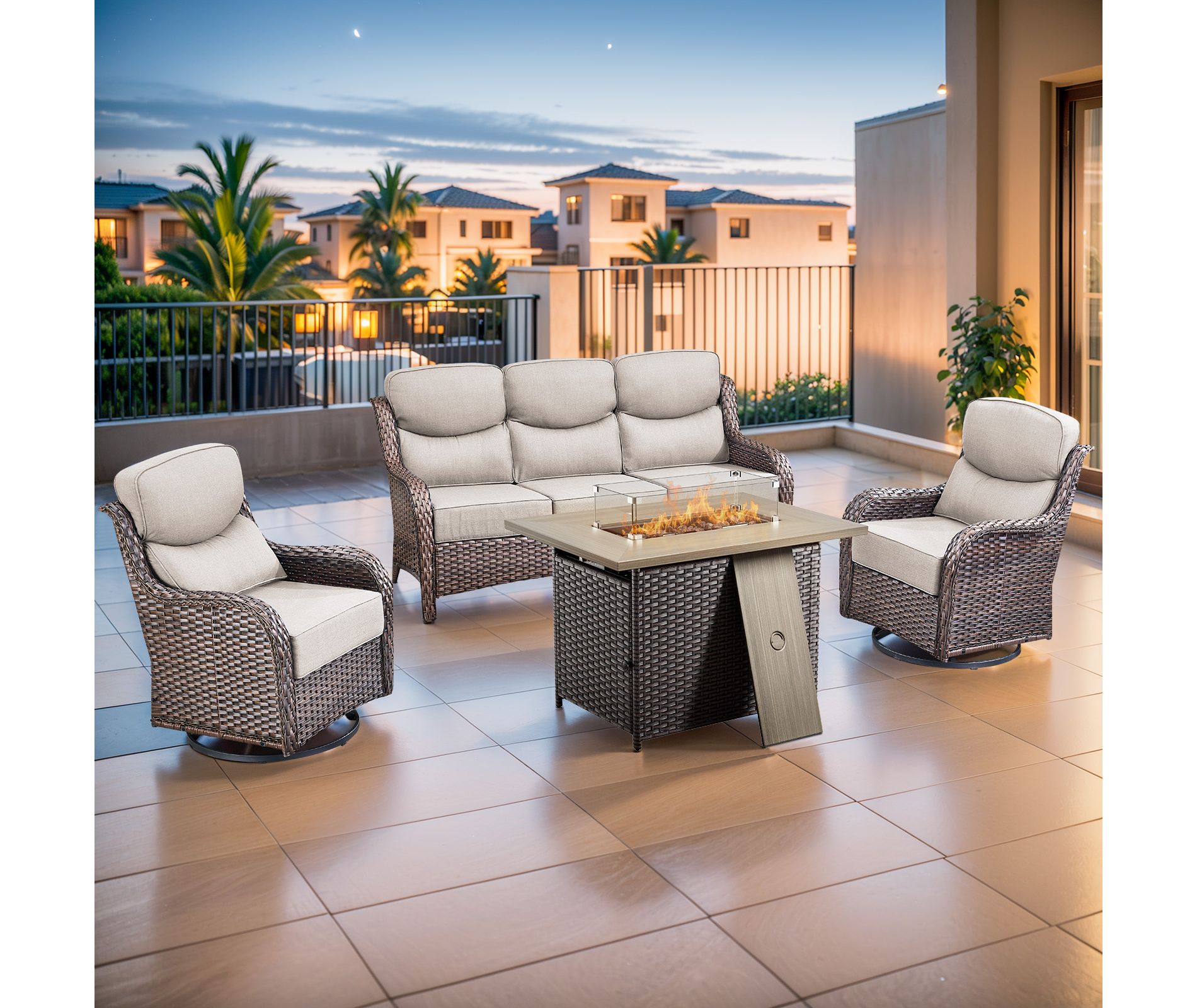 Gymojoy 4 Pieces Outdoor 6 Inch Sofa Swivel Chair with Fire Pit Table