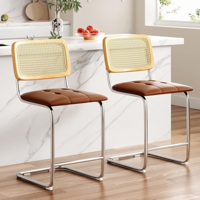Fontoi Counter and Bar Stools, 2PCS Barstools with Rattan Back, 24 inch Stools Armless Bar Chairs with Upholstered, Brown, 17.7"*8.9"*37.4"