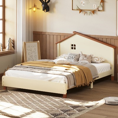 Wood Platform Bed with House-shaped Headboard-ModernLuxe