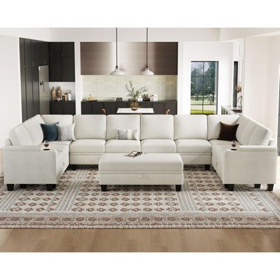 Belffin Oversized 10-Seater U-Shaped Sectional - Modular Chenille Couch with Storage Ottoman & Cup Holders.Gray