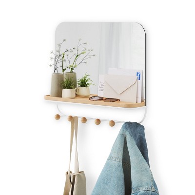 White Wood Rectangular Mirror with Hooks and Tray
