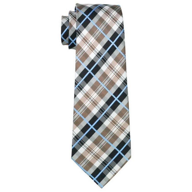 Men's Brown, Black And White Plaid 100% Silk Neck Tie With Matching Hanky And Cufflinks Set, 3 of 5