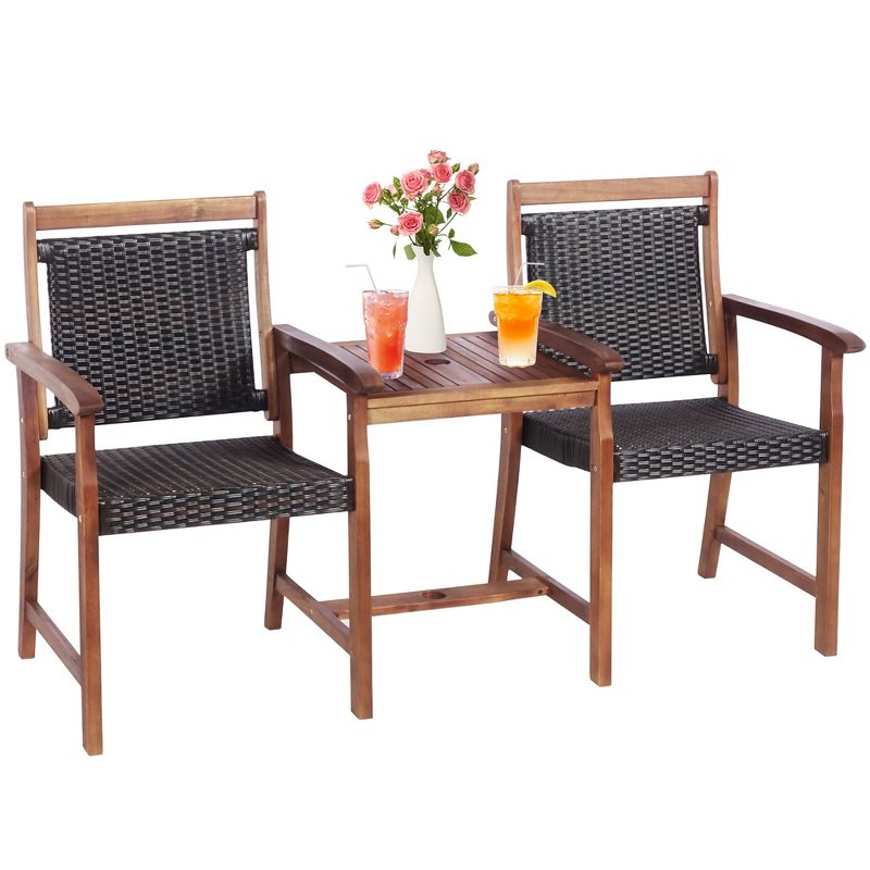 Costway 2-Seat Patio Rattan Bench Acacia Wood Frame Table W/Umbrella Hole Deck, 3 of 11