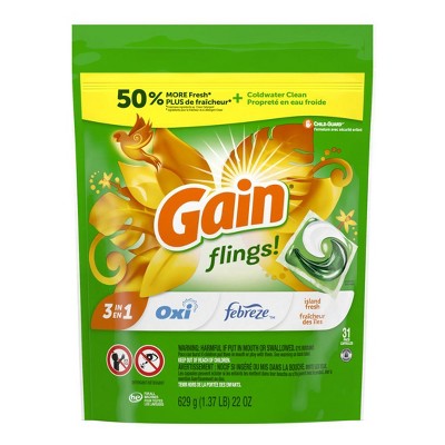 Gain Flings Laundry Detergent Pacs, 31 Count, Island Fresh Scent, 3 in 1 HE Detergent Pacs with Oxi Boost and Febreeze