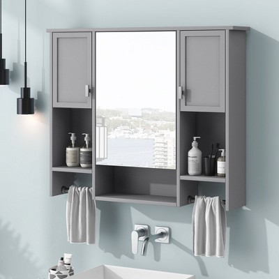 NicBex 35"Wall Cabinet with Mirror,Over the Toilet Storage Cabinet,Bathroom Wall Cabinet with Towel Rack,Medicine Cabinet with Bathroom Shelves