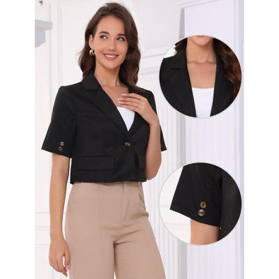 INSPIRE CHIC Women's Business Casual Short Sleeve One Button Notched Collar Work Cropped Blazer Black Small — фото 2