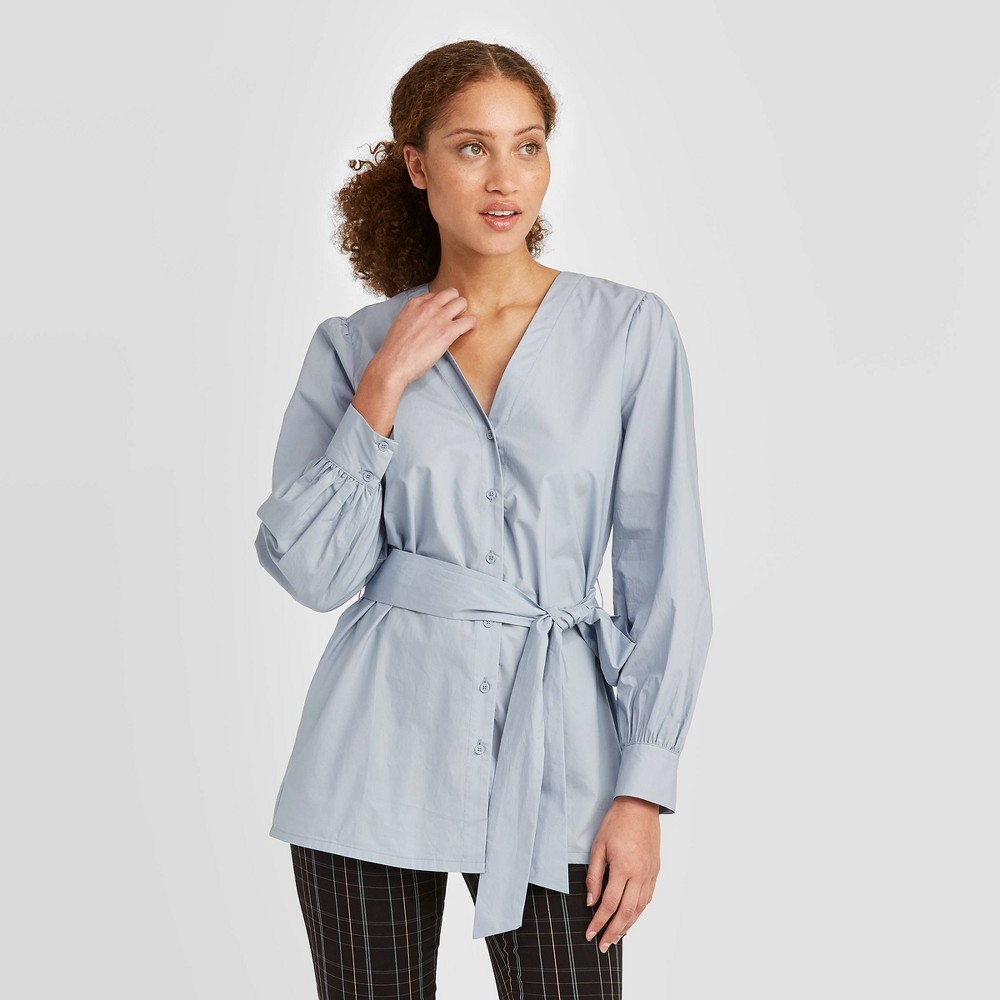 Women's Long Sleeve Tie Waist Button-Down Blouse - A New Day Blue XS was $24.99 now $17.49 (30.0% off)
