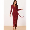 Seta T Women's Party Ruched Wrap Long Sleeve V Neck Split Hem Draped Front Bodycon Maxi Dress - 3 of 4