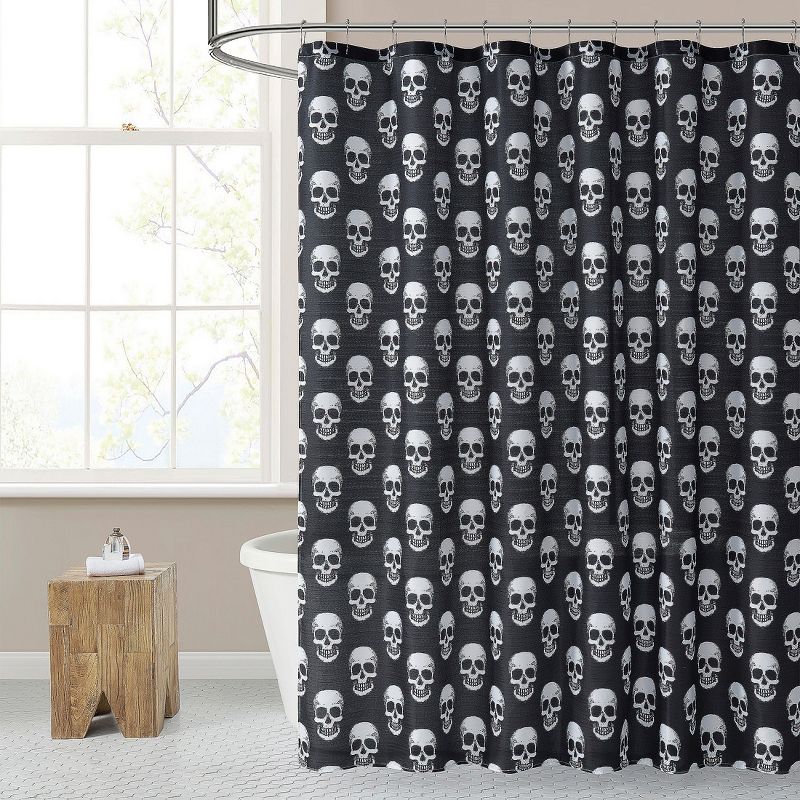 Kate Aurora Halloween Accents Black & White Spooky Skulls Fabric Shower Curtain - Standard Size, 1 of 4
