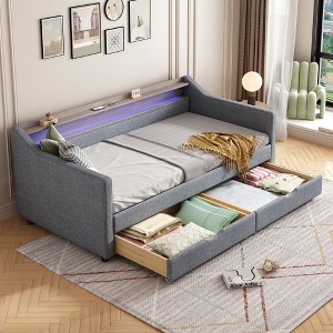 NicBex Twin Size Linen Upholstered Daybed with 2 Drawers,2-Tier Shelf,LED Light and Charging Station for Living Room,Apartment - 1 of 4