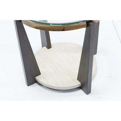 Round Beige and Brown Wood Metal End Table with Glass Top