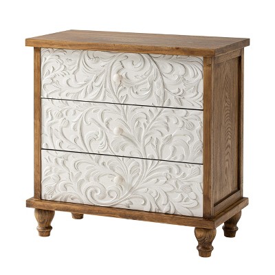 JIONJOY Vintage Floral 3-Drawer Dresser - Farmhouse Nightstand with Embossed Flower Details