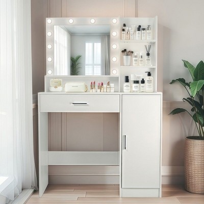NicBex Makeup Vanity Desk with Mirror and Lights,Wood Makeup Table with Drawer & Storage Cabinet for Bedroom