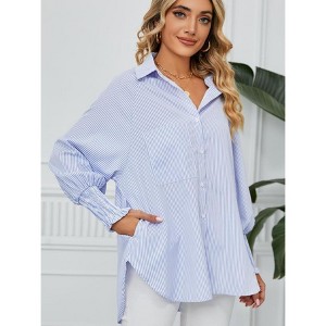Women's Striped Print Shirred Long Sleeve Button Down Pocket Blouse Shirt Top - 1 of 4