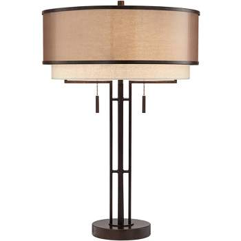 Franklin Iron Works Andes Modern Industrial Table Lamp 27 1/2" Tall Oil Rubbed Bronze Metal Stacked Double Fabric Drum Shade for Bedroom Living Room