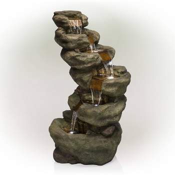48" Resin Outdoor Multi-Tier Pristine Waterfall Fountain with LED Lights Dark Moss Green - Alpine Corporation