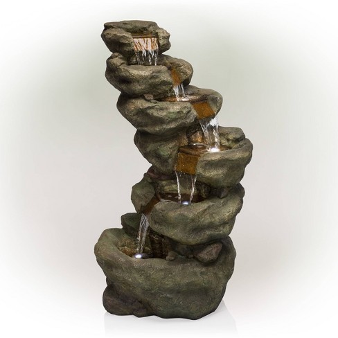 Alpine Corporation 48" Resin Outdoor Multi-Tier Pristine Waterfall Fountain with LED Lights Dark Moss Green - image 1 of 4